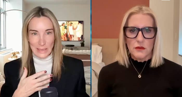 Two women in a virtual interview. Both have straight hair and wear glasses; one in a blazer and turtleneck, the other in a dark top with a necklace
