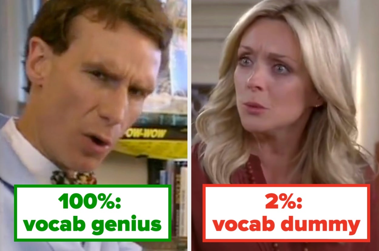 Split image of two people with text: "100%: vocab genius" and "2%: vocab dummy." One looks studious, the other confused