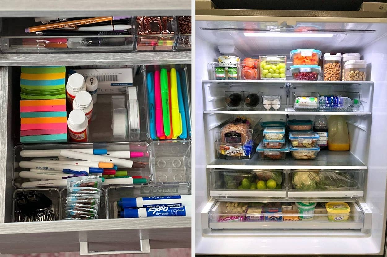 Organized open desk drawer with office supplies and a neatly arranged refrigerator with containers of food and drinks