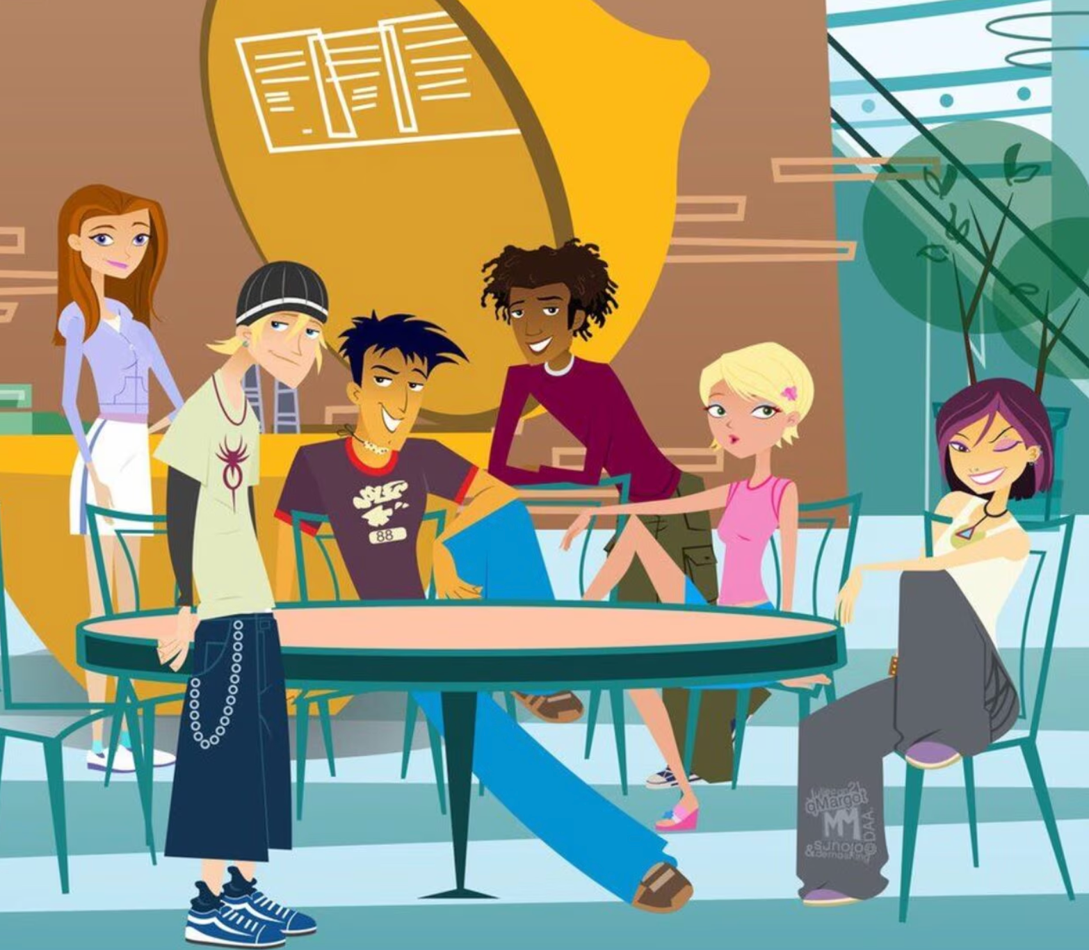 Animerte tenåringer fra showet "6teen" henger ved et bord i et kjøpesenter