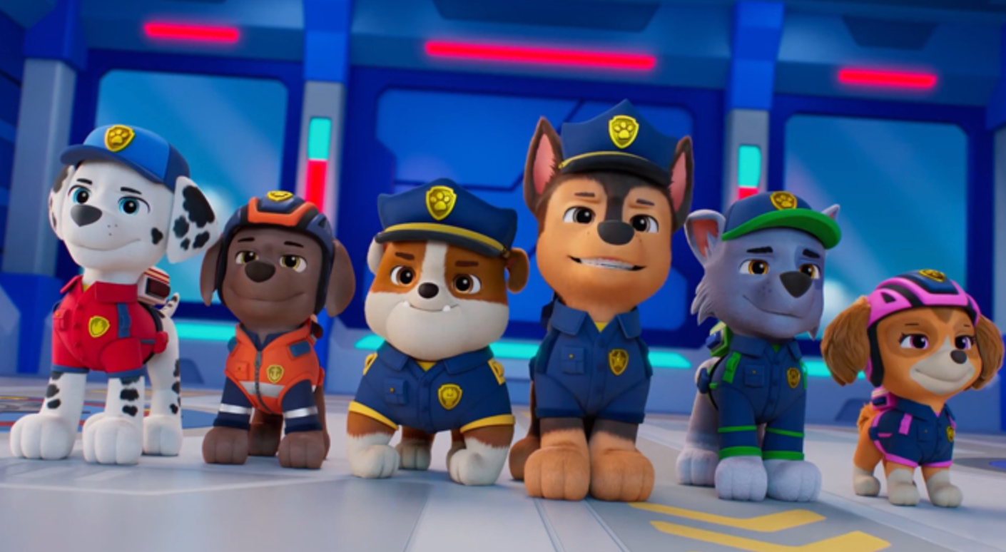 Animerte valper iført uniform står sammen. Hver av dem har unike hatter eller antrekk, som foreslår roller i et redningsteam eller et eventyrshow