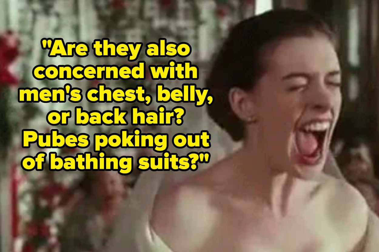 A person in a wedding dress yells passionately. Overlay text questions societal focus on women's body hair