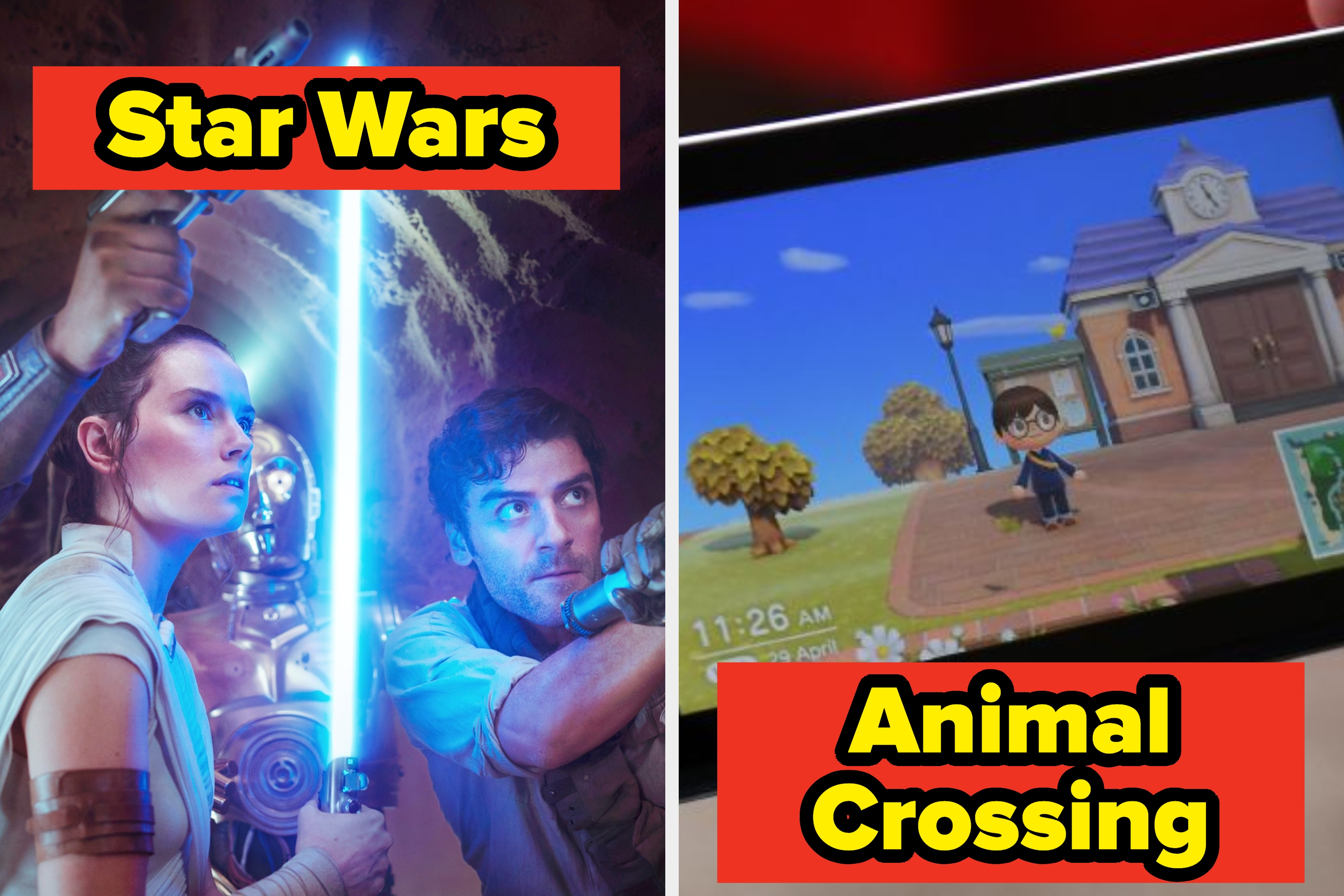 Split image of "Star Wars" characters with light sabers on the left, and "Animal Crossing" gameplay featuring a character outside a house on the right