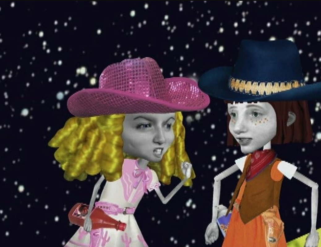 To animerte karakterer i cowboyhatter og vestlig antrekk står mot et stjerneklart bakteppe og ser ut til å ha en samtale