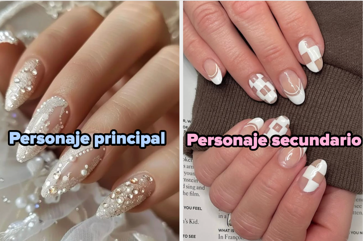 Dos manos mostrando manicuras detalladas; a la izquierda, uñas con pedrería, a la derecha, uñas geométricas blancas y transparentes