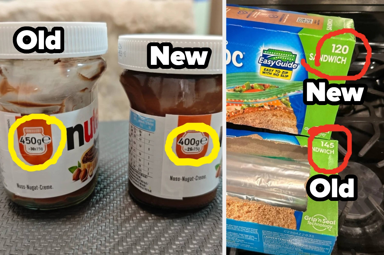 Two jars and two sandwich bag boxes compared side by side show decreased quantities in newer versions