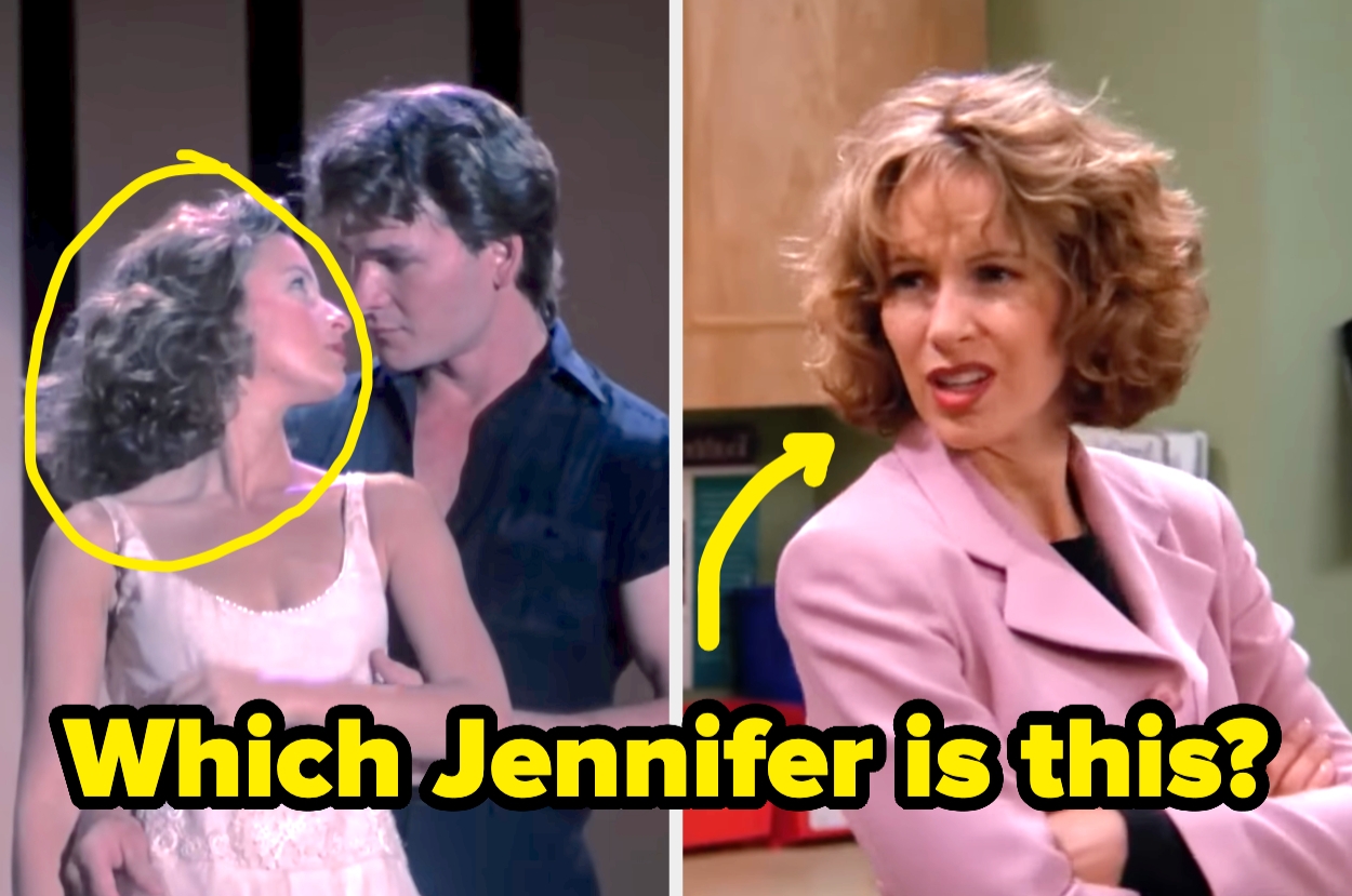 Split image: Left shows a couple dancing closely; right shows woman with curly hair, puzzled expression. Text below asks "Which Jennifer is this?"