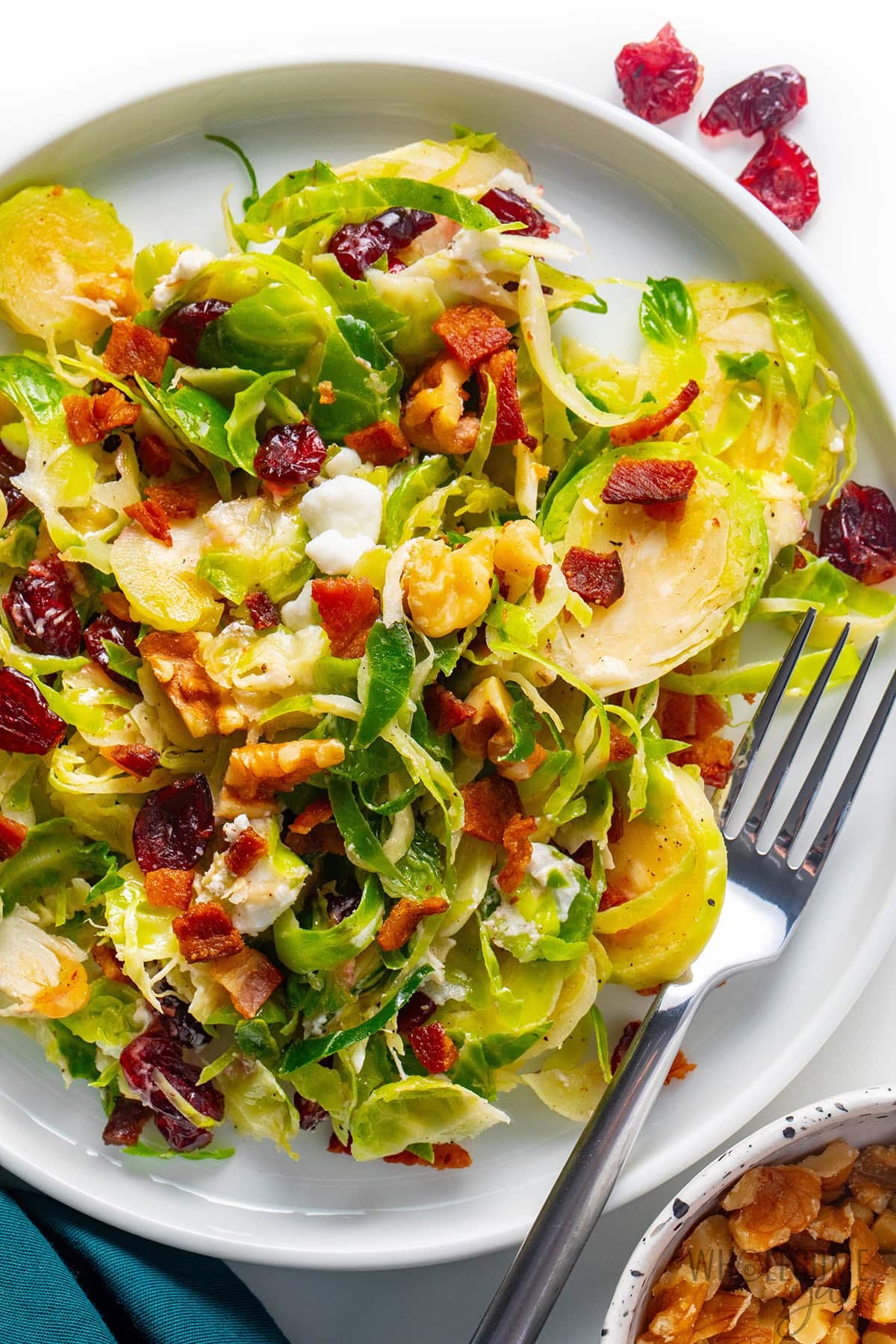 Brussels sprouts salad with walnuts, cranberries, bacon bits, and a fork on a plate