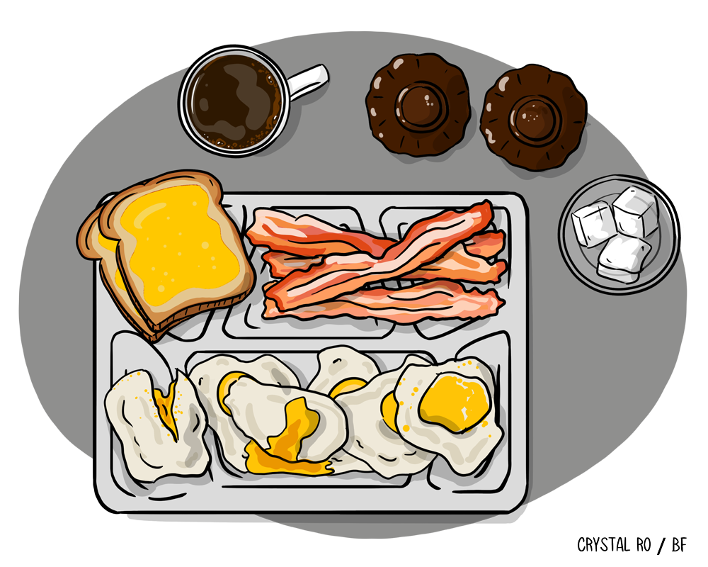 Skuff med egg med solsiden opp, bacon, toast med smør, to muffins og en kopp kaffe; glass med isbiter