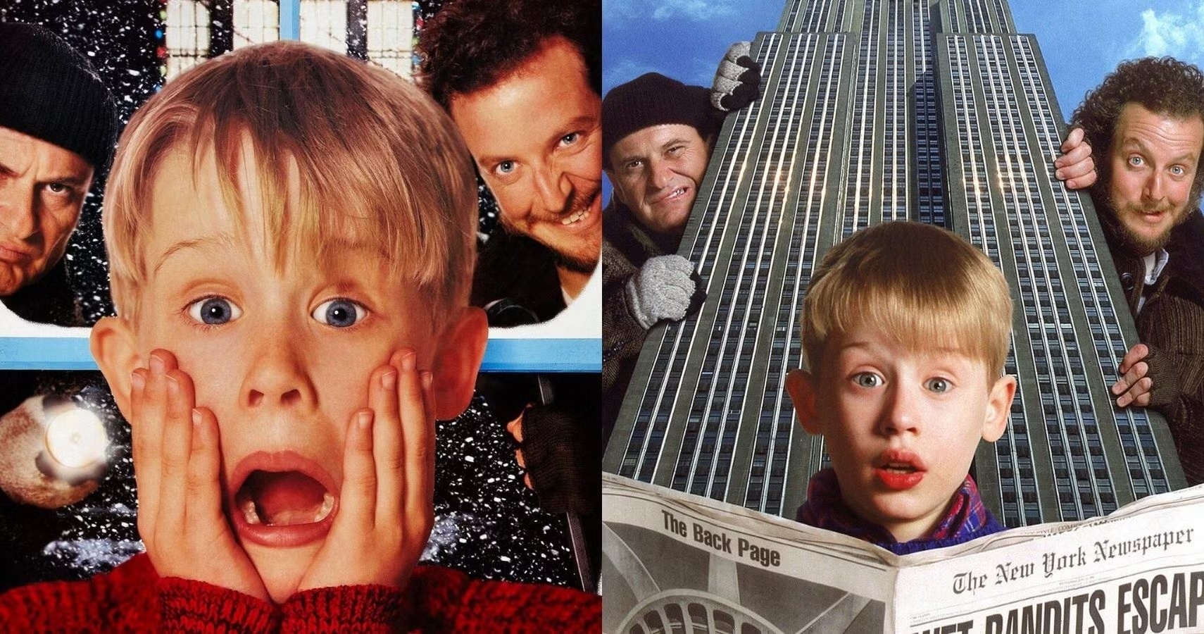  Left shows a wide-eyed kid  with hands connected  cheeks and villains behind; close    shows the kid  with a paper  successful  beforehand   of a skyscraper