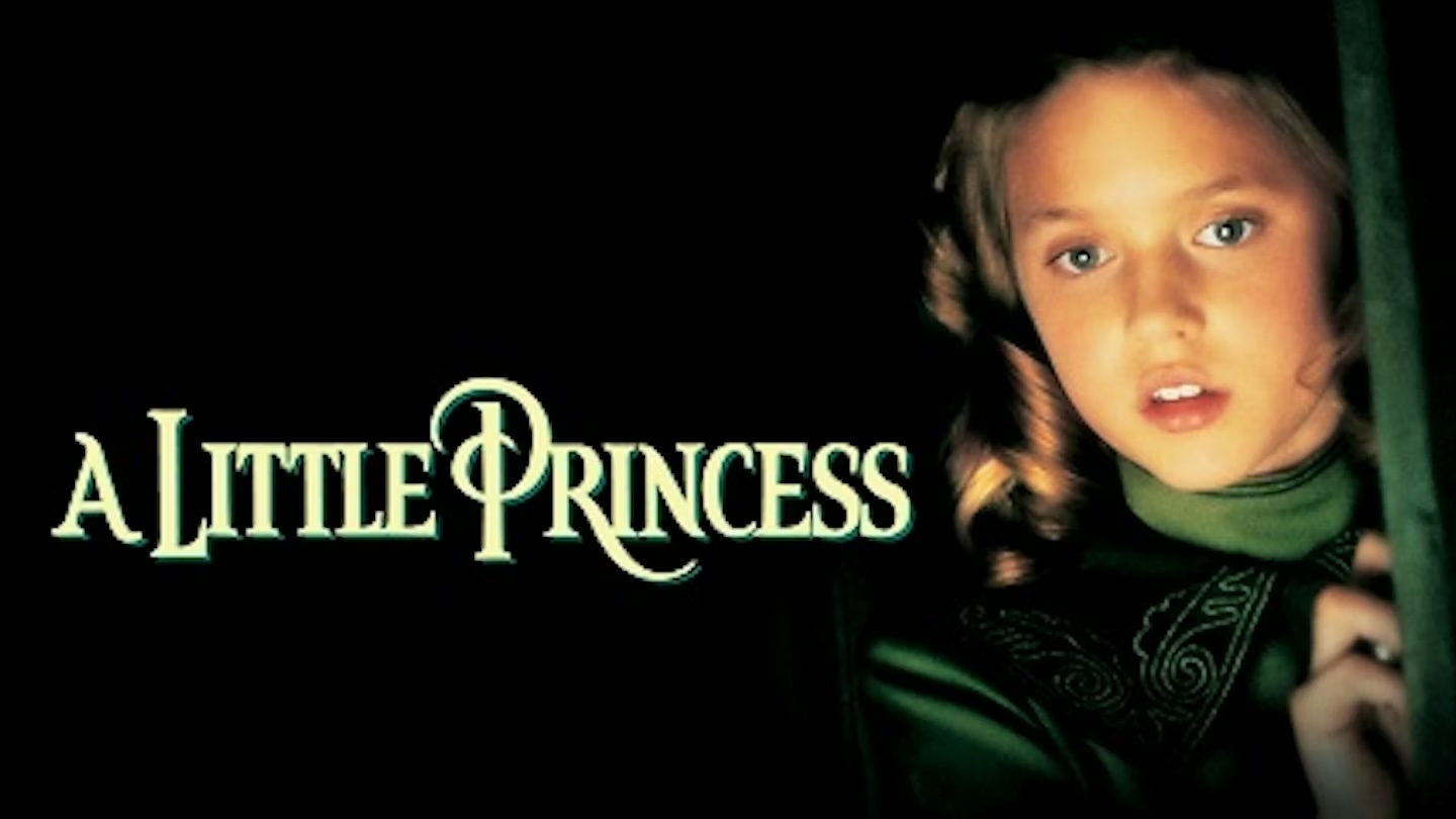 Young miss  peeking astir   a doorway  with the substance   "A Little Princess" beside her. She wears a elaborate  garment