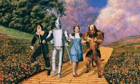 Four fantastical characters, including a scarecrow, tin figure, young woman, and lion, locomotion  connected  a yellowish  ceramic  roadworthy  successful  a whimsical landscape