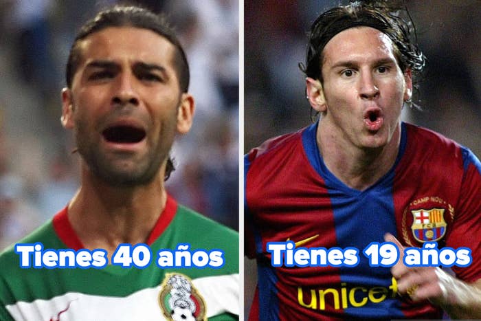  Left, a soccer player in a Mexico jersey with "Tienes 40 años" text; right, a soccer player in a Barcelona jersey with "Tienes 19 años" text