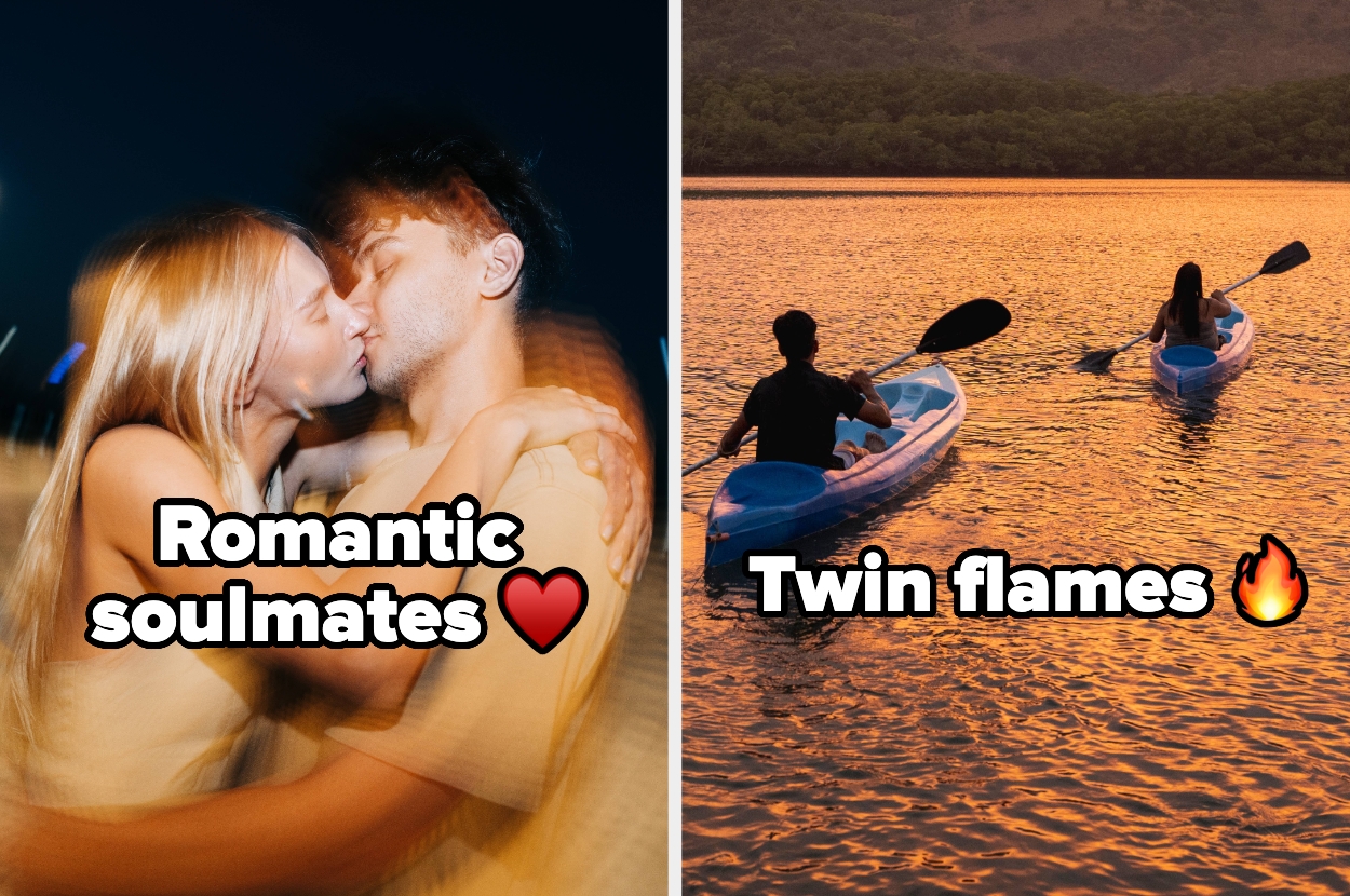 Couple kissing labeled "Romantic soulmates" with a heart, and kayaking together labeled "Twin flames" with a flame icon