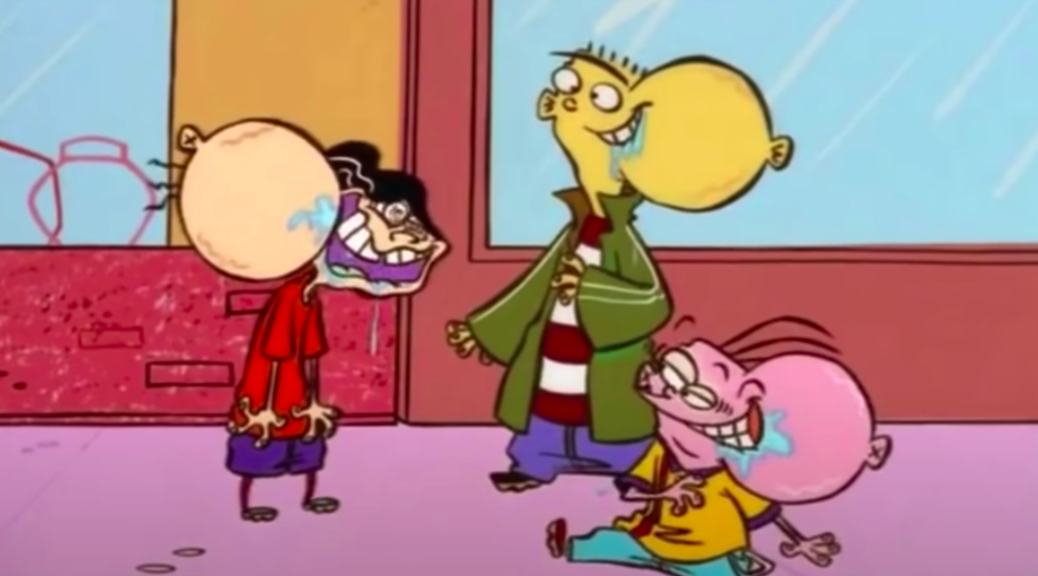 Tre animerte figurer med store hoder som ler sammen på et fortau i tegneseriesetting