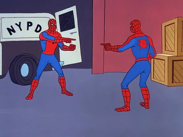 Two Spider-Man characters successful  identical costumes constituent   astatine  each   different   successful  astonishment  adjacent  to a van and crates