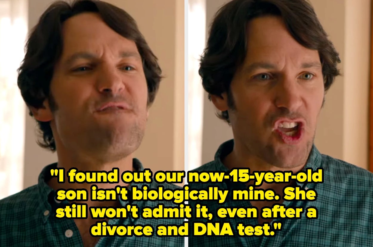 Man expressing frustration; text: "I found out our 15-year-old son isn't mine. She won't admit it, even after a divorce and DNA test."