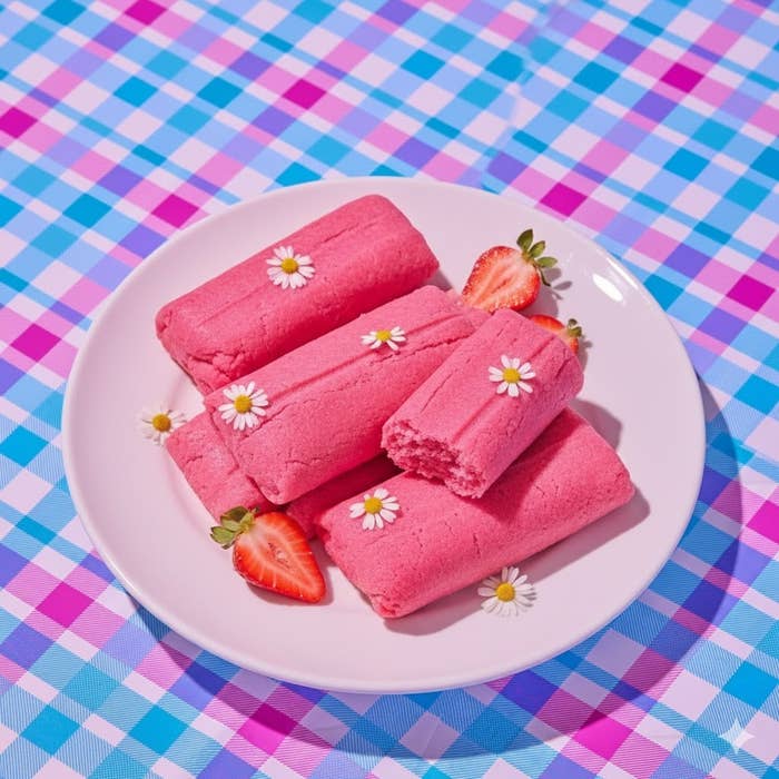 Pastelitos rosados en un plato, adornados con flores y fresas, sobre un mantel de cuadros