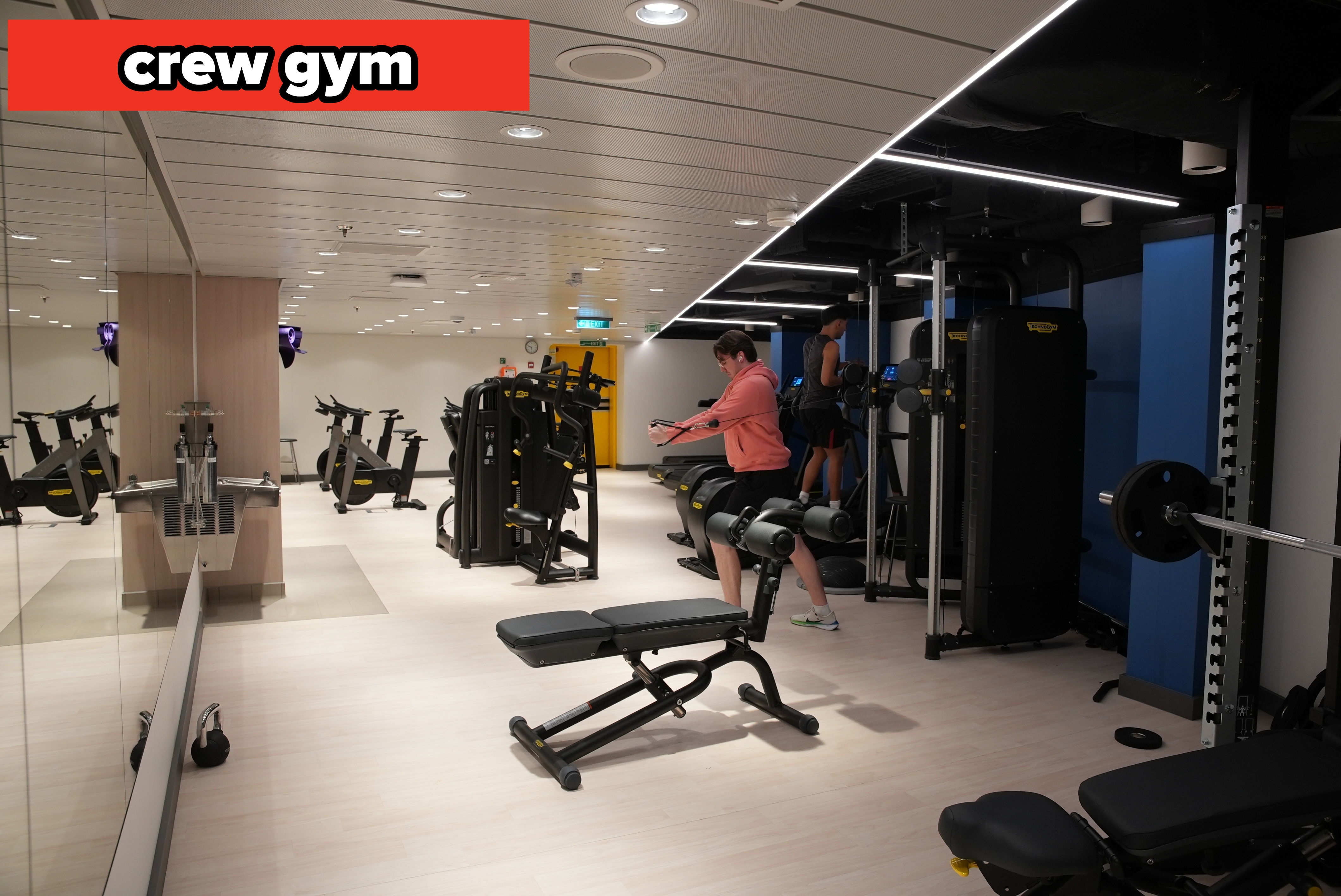 People moving   retired  successful  a gym featuring assorted  workout  machines, mirrors, and benches