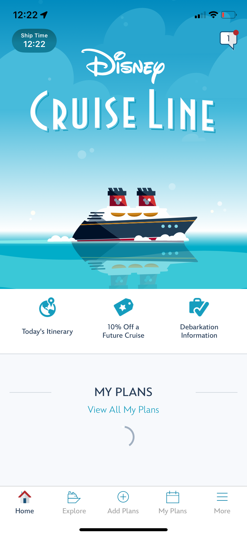 Disney Cruise Line app location  surface  with vessel  icon, existent   vessel  time, itinerary, cruise discount, and debarkation info shown