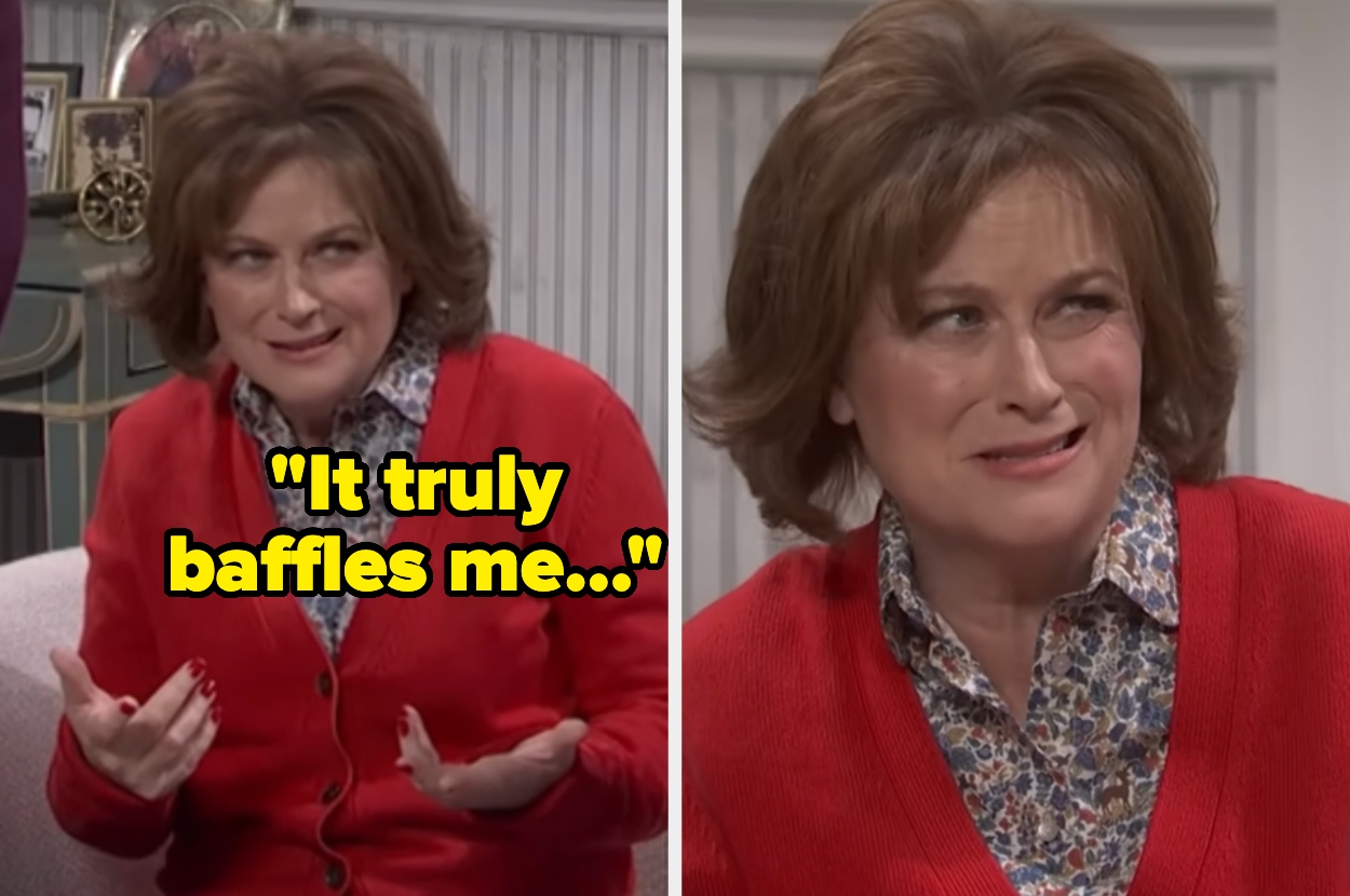 Person in a cardigan, confused expression, with overlay text: "It truly baffles me..."