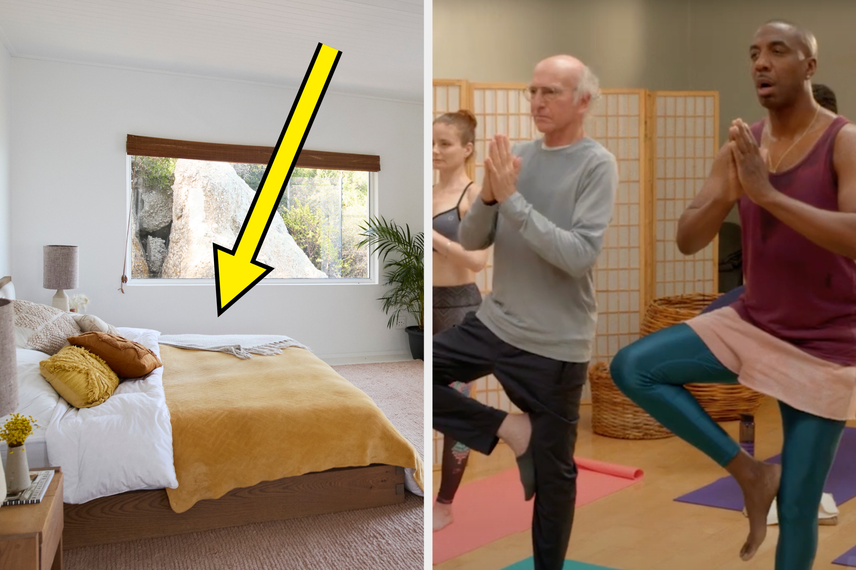 Bedroom with a neatly made bed, contrasted with a yoga class where participants practice tree pose, including a man in leggings
