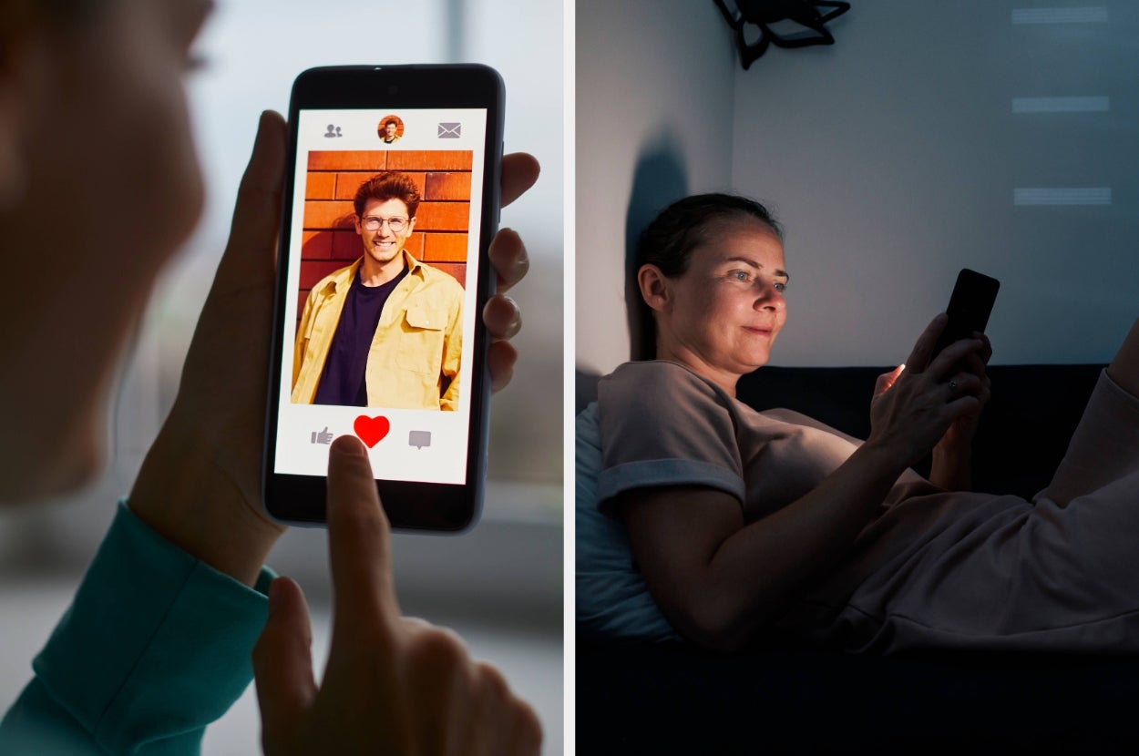 Left: Person swipes right on a profile picture in a dating app. Right: Person lies on a couch, using a smartphone