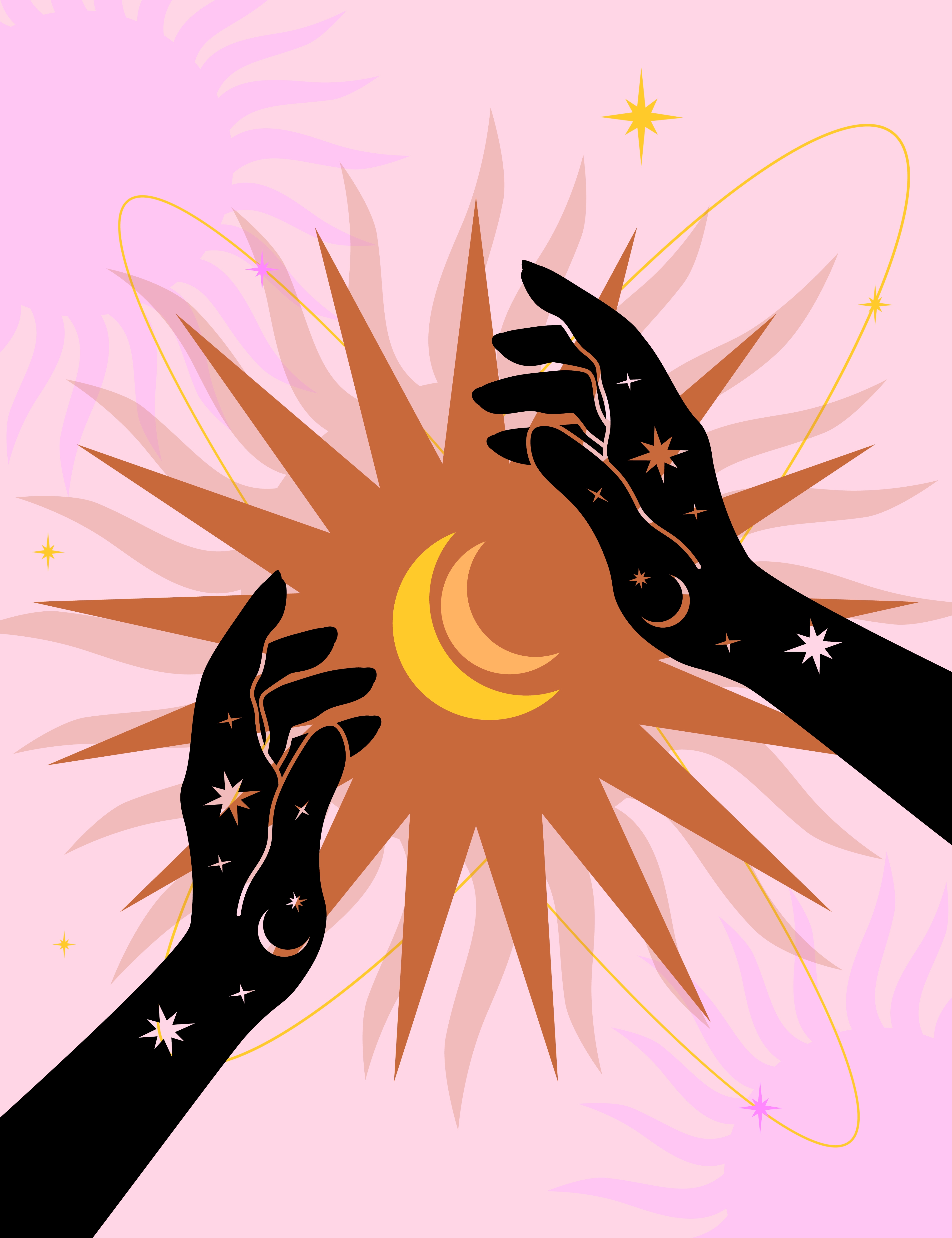Stylized hands with celestial designs reaching towards a crescent satellite  surrounded by starry rays, conveying a mystical, cosmic theme