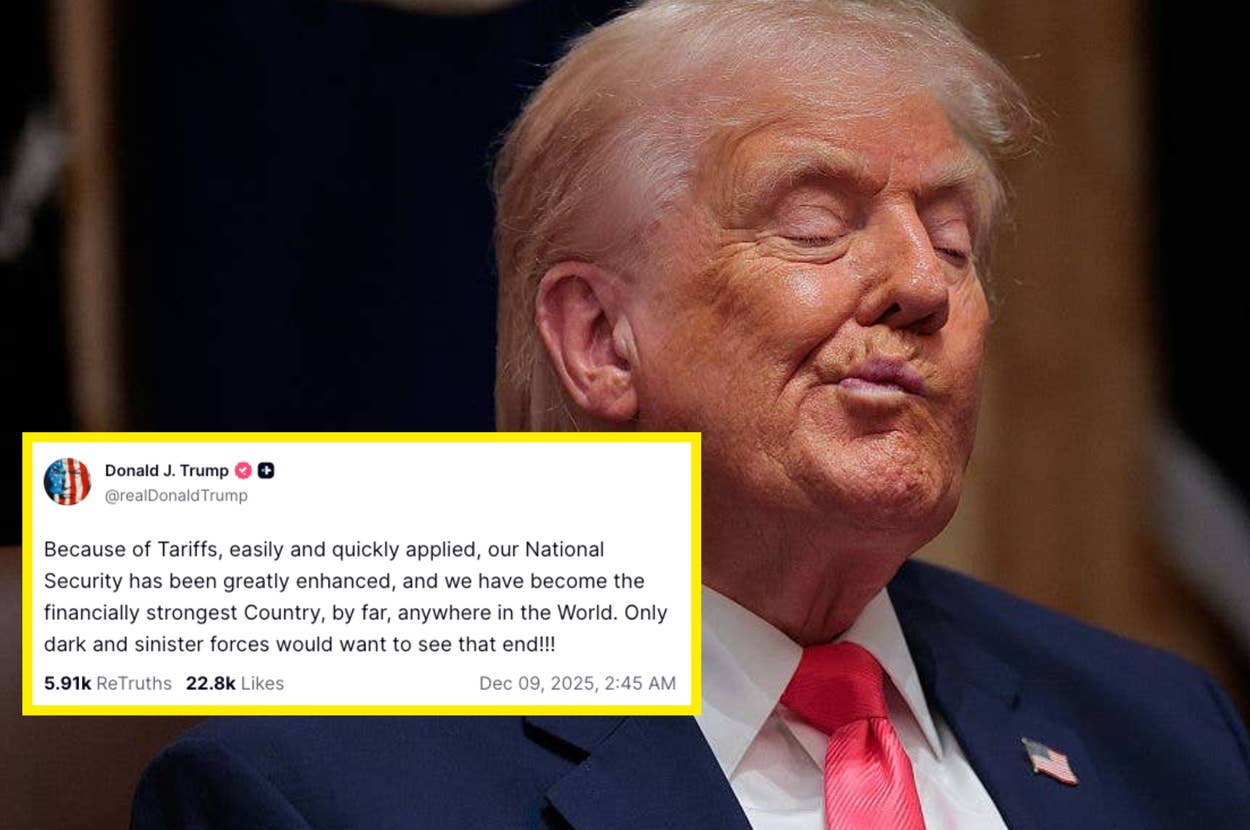 Donald Trump attends a meeting of his Cabinet in the Cabinet Room of the White House with a post from him overlayed about tariffs