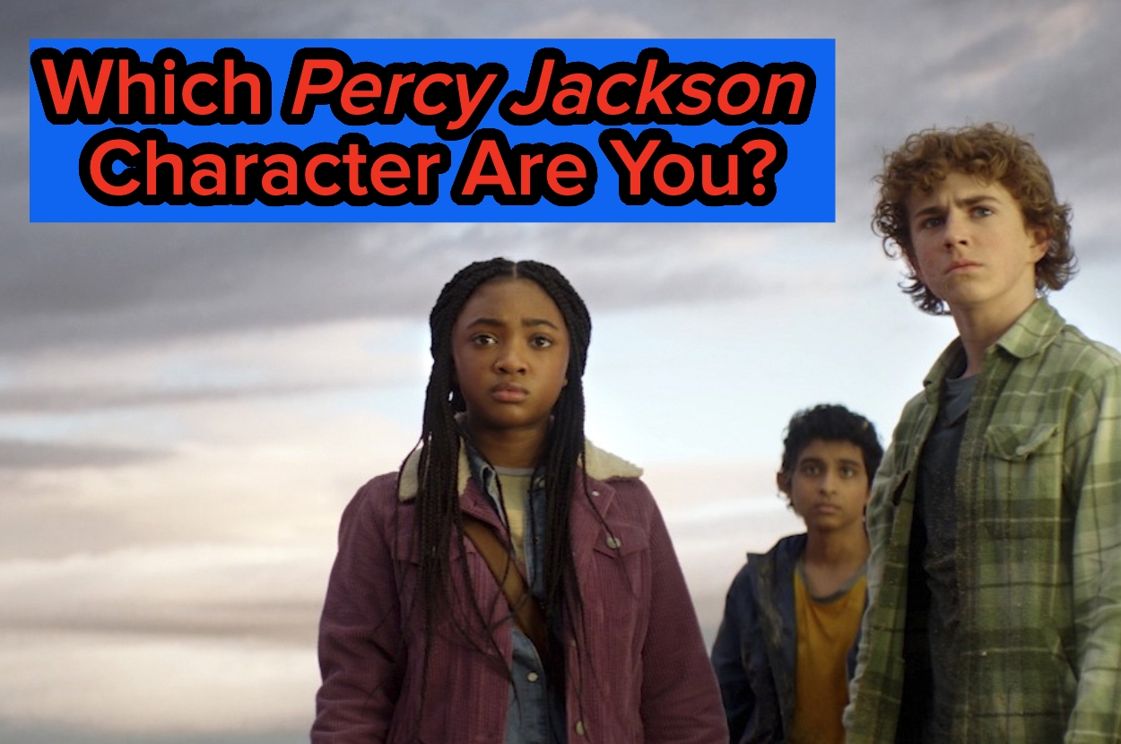 Three young individuals stand under a cloudy sky, with the text: "Which Percy Jackson Character Are You?"