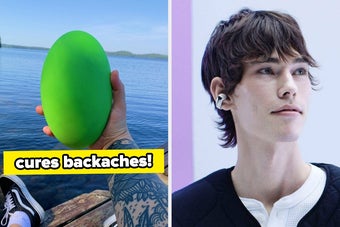 Person holds a green, oval object by a lake, captioned "cures backaches!" Beside, a person with earbuds looks upward