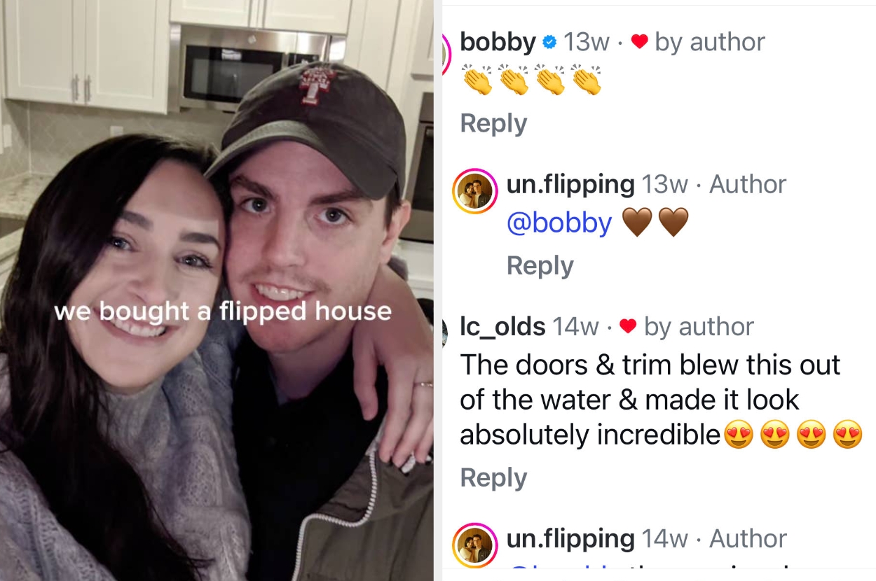 A couple smiles in a kitchen, overlay text reads "we bought a flipped house." Comments praise the home's doors and trim