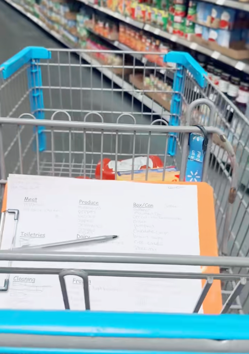 Grocery cart with a list and pen, filled with various items such as cereal boxes and cans, in a supermarket aisle