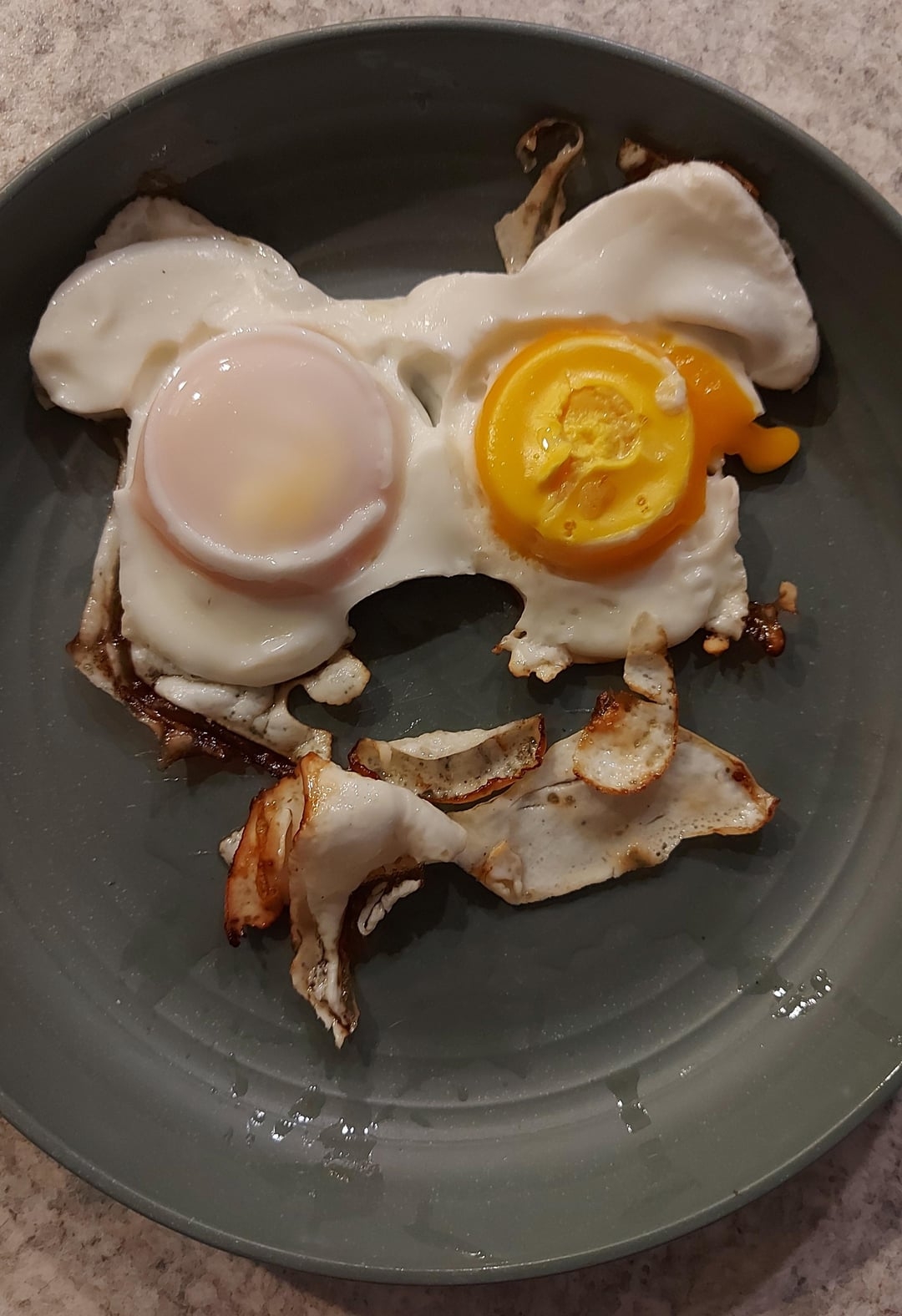 دو تخم‌مرغ سرخ‌شده به نحوی که شبیه چهرهٔ کارتون یک حیوان روی بشقاب باشند