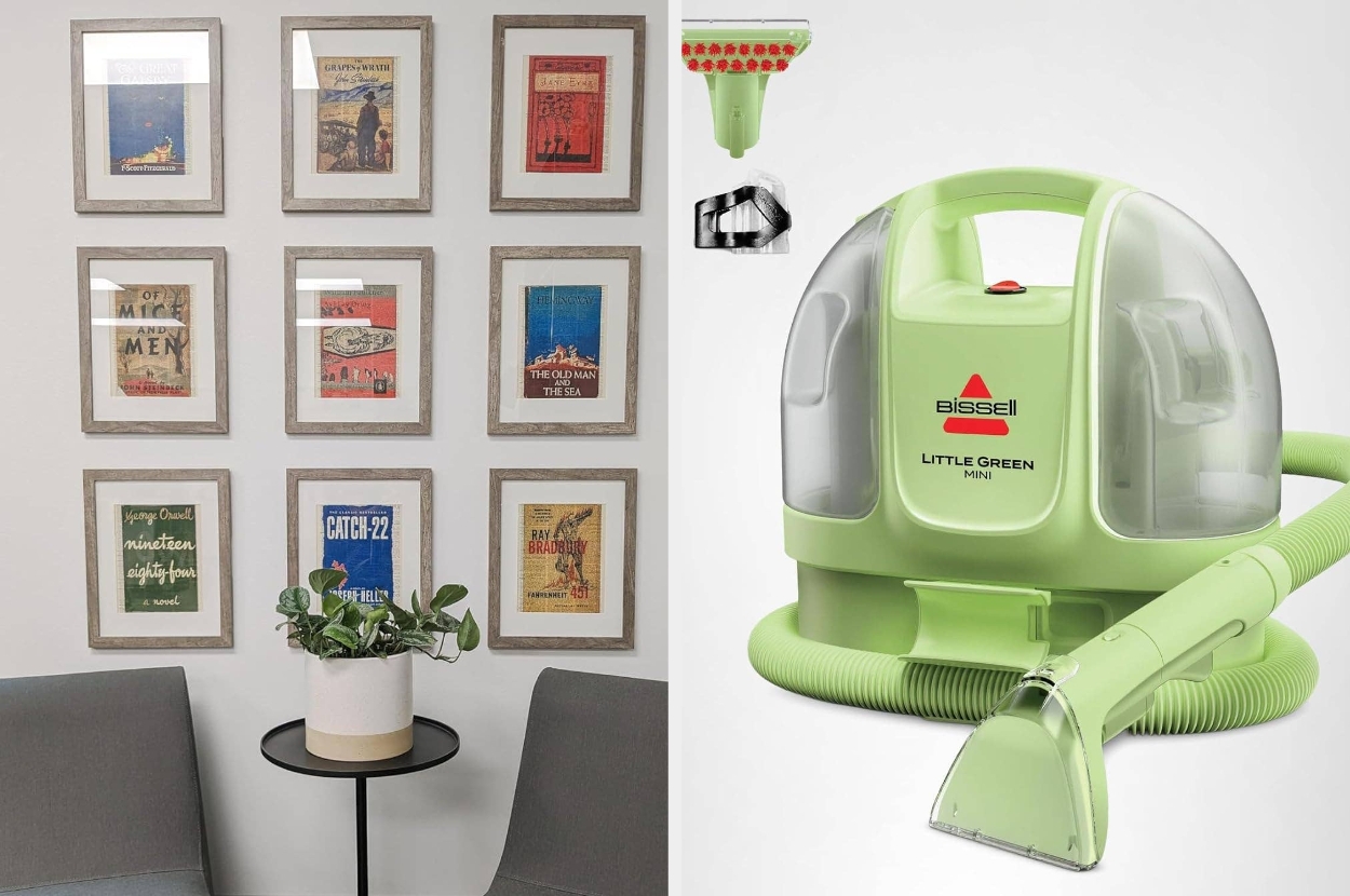 Bissell Little Green vacuum displayed in modern living room setup with framed artwork and gray chairs, emphasizing home decor and cleaning solutions