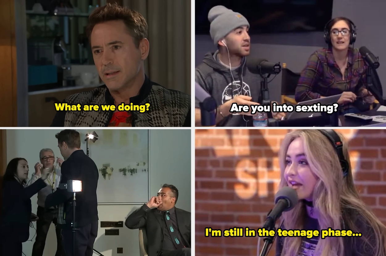 A collage of four people in different settings. Quotes: "What are we doing?", "Are you into sexting?", "I'm still in the teenage phase."