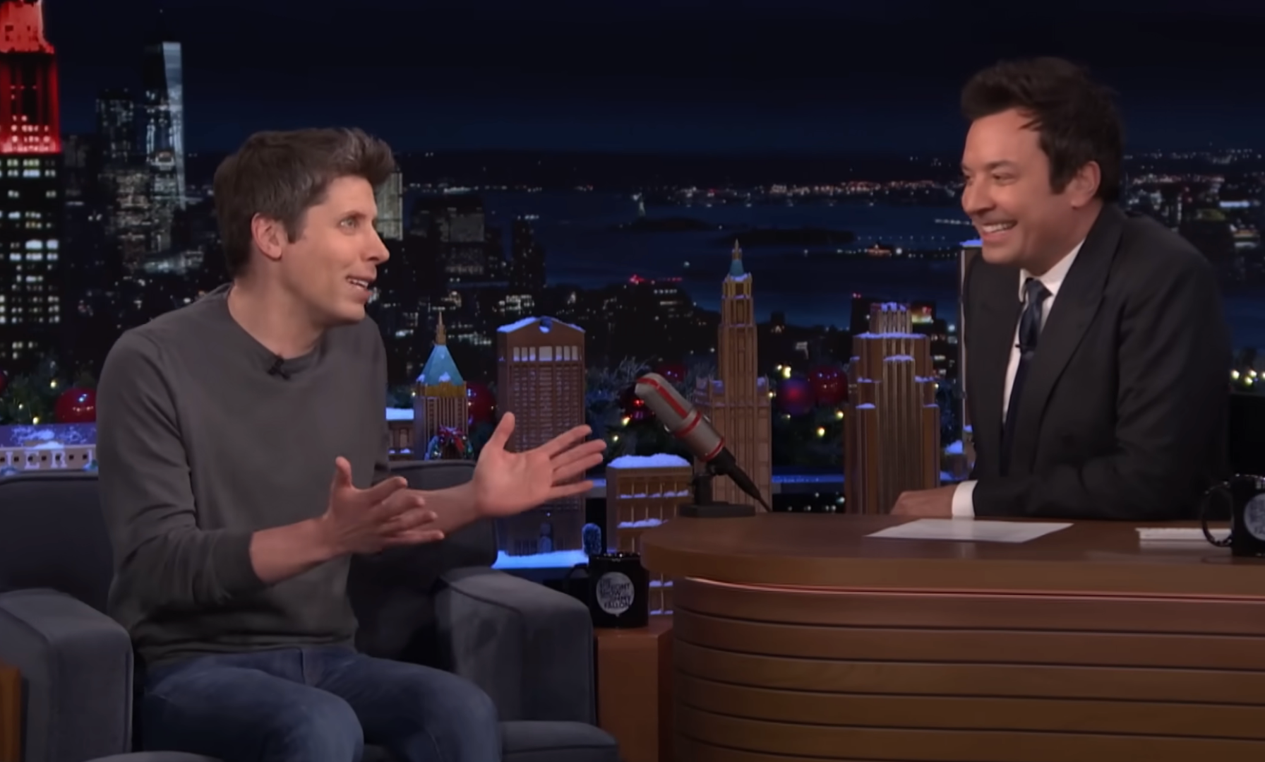 Sam Altman speaking to Jimmy Fallon, who is laughing