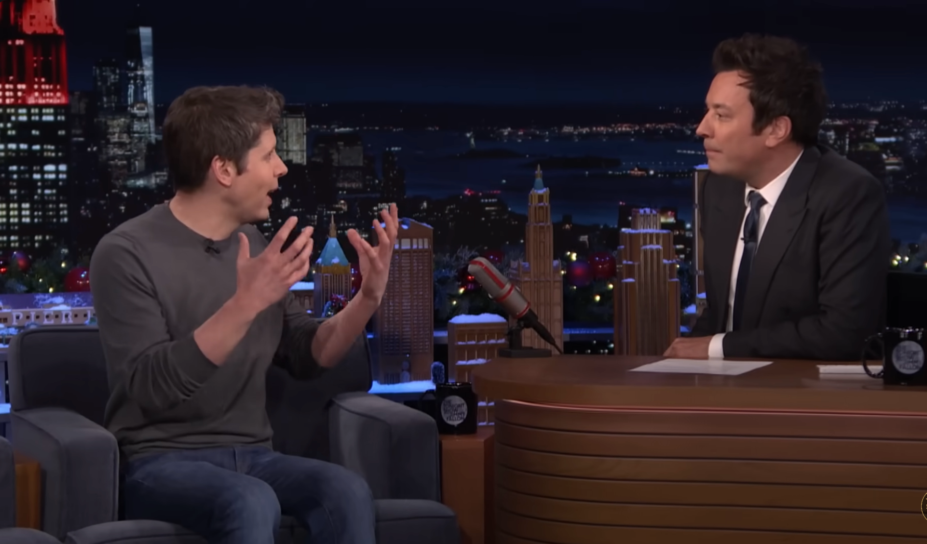 Sam Altman animatedly speaking to Jimmy Fallon