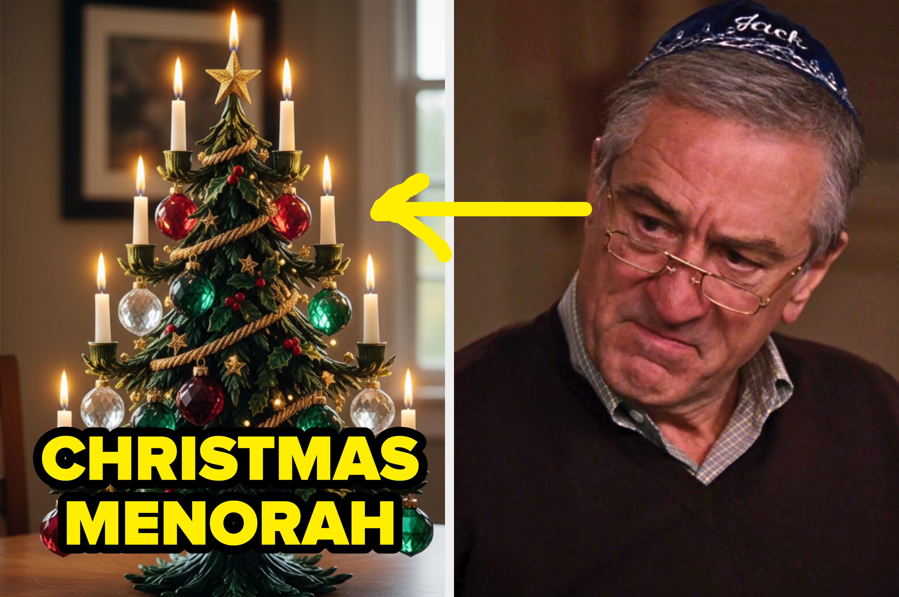 A Christmas tree with a "Christmas Menorah" label and a person looking skeptical, wearing glasses and a kippah