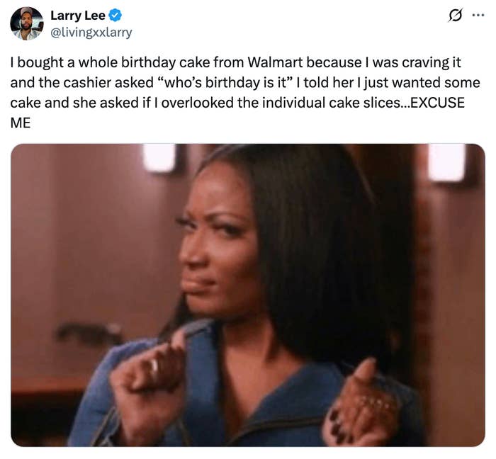 Image of a pistillate   with a skeptical look  holding up   her fists. Text connected  the representation  describes an brushwood   astatine  Walmart astir  buying a day   cake