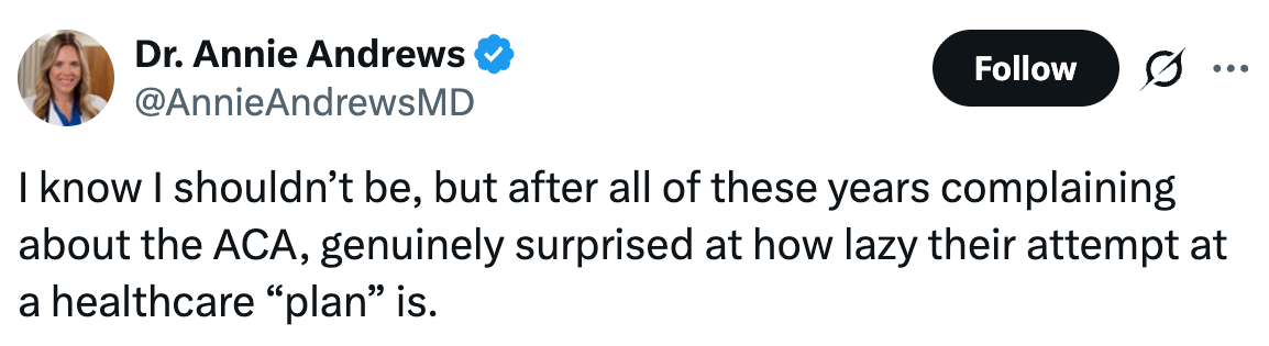 Twitter-innlegg av Dr. Annie Andrews som uttrykker overraskelse over kvaliteten på en helseplan relatert til ACA