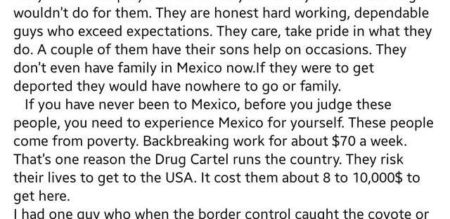 Et Facebook-innlegg av en bruker som forklarer deres støtte til Trump, og diskuterer immigrasjon og talsmann for meksikanske arbeidere