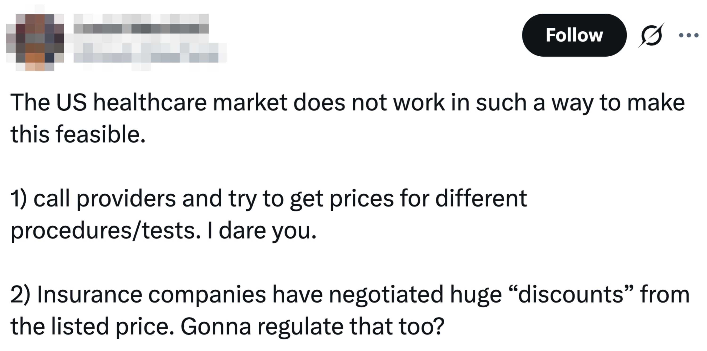 Tweet kritiserer det amerikanske helsemarkedets prisgjennomsiktighet og forsikringsbestemmelser, og oppfordrer forbrukere til å spørre om prosedyrekostnader