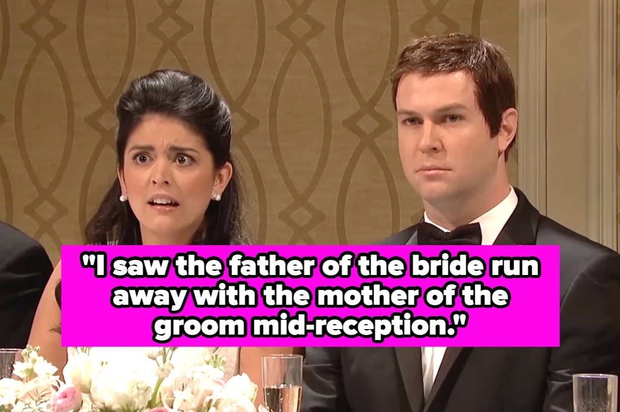 A couple in formal attire looks surprised at a wedding reception. Text: "I saw the father of the bride run away with the mother of the groom mid-reception"