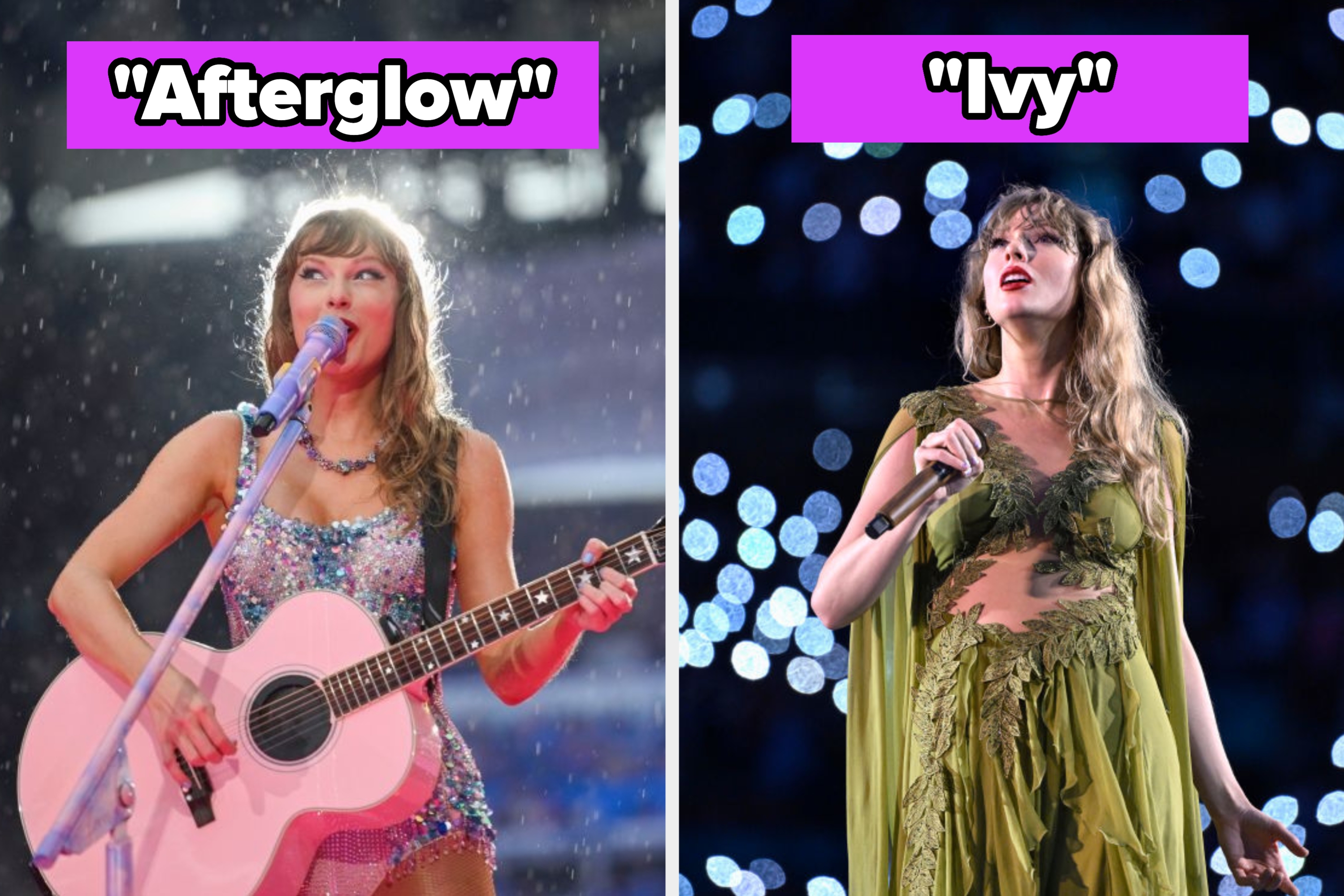 Two women each hold microphones, one in a sparkly dress with a guitar, the other in a flowing outfit with cut-outs, both performing on stage