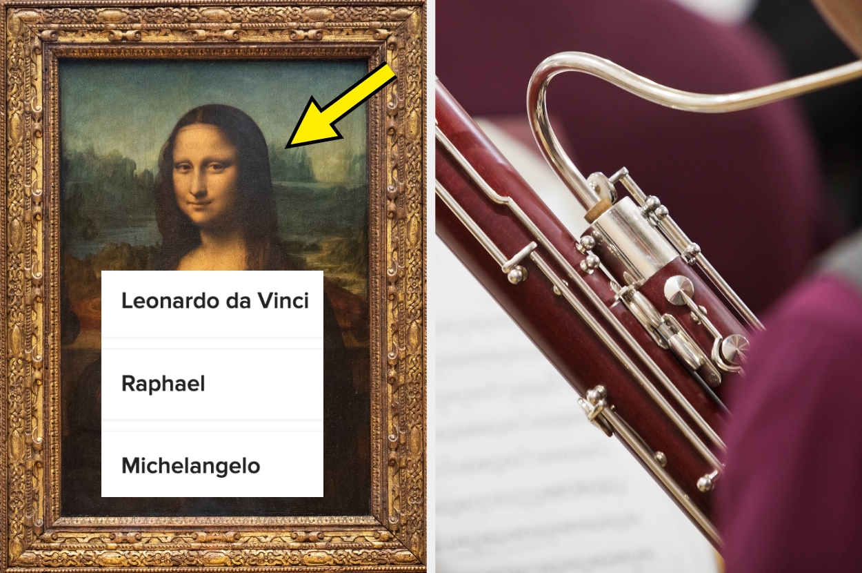 A quiz asks who painted the Mona Lisa. Options: Leonardo da Vinci, Raphael, Michelangelo. An arrow points to the painting