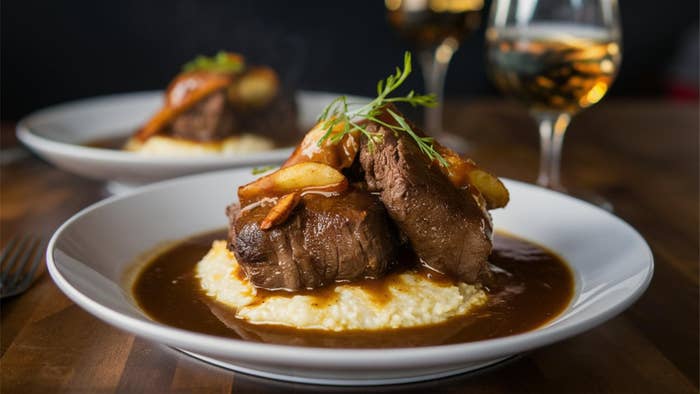 A plate of beef medallions on creamy mashed potatoes, topped with a sprig of herbs, served with glazed vegetables and two glasses of wine in the background