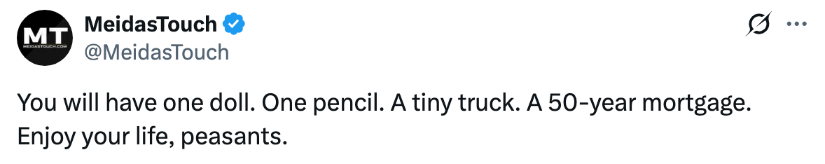 Tweet håner økonomiske forhold, viser en dukke, blyant, lastebil og 50-års boliglån, og slutter med 