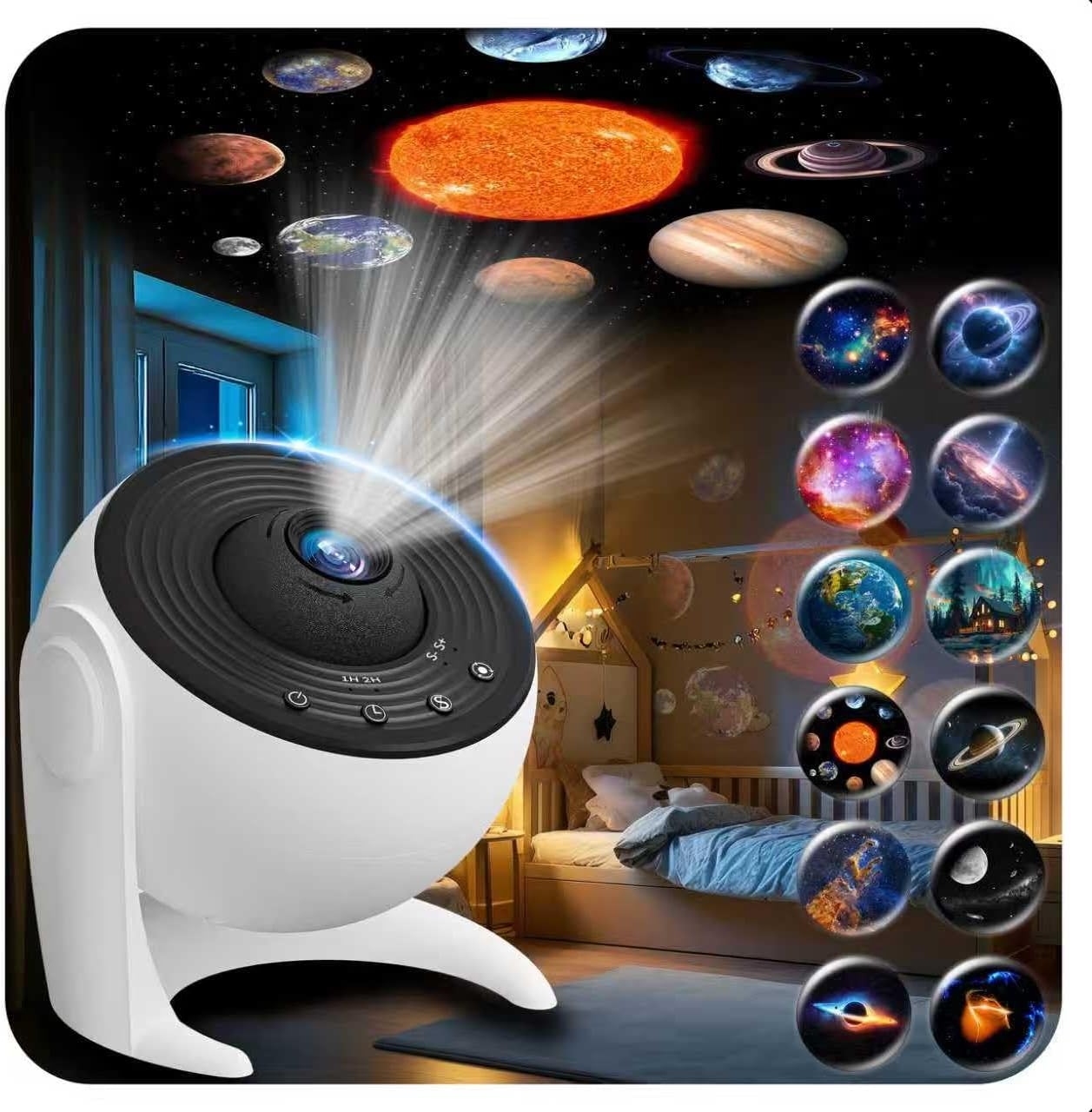 Star projector displaying planets and galaxies successful  a child&#x27;s bedroom, creating a cosmic-themed atmosphere