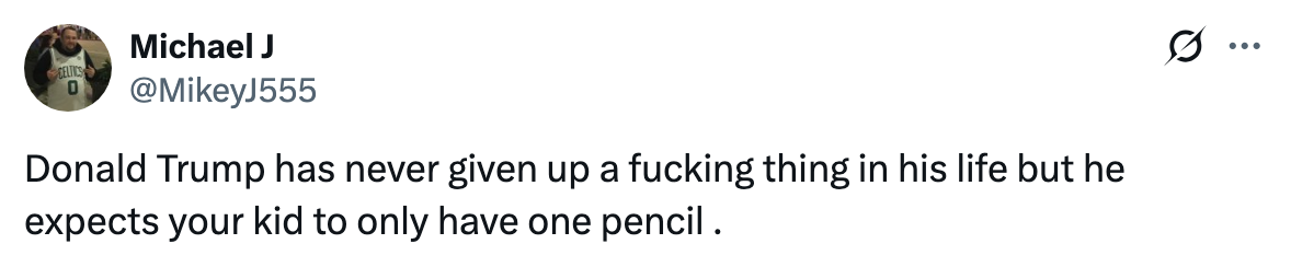 Tweet om at Donald Trump forventer at barn bare skal ha én blyant, til tross for hans vedvarende natur